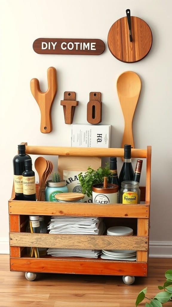 A wooden cart used as a caddy, holding various kitchen items like bottles, jars, and utensils.