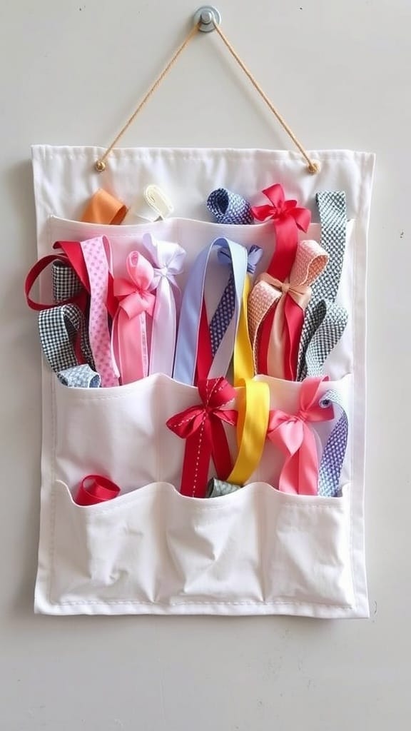 Practical Ribbon Organizing Ideas for a More Organized Craft Space (21 Tips) 10 A wall-mounted fabric ribbon organizer with various colorful ribbons neatly arranged in pockets.