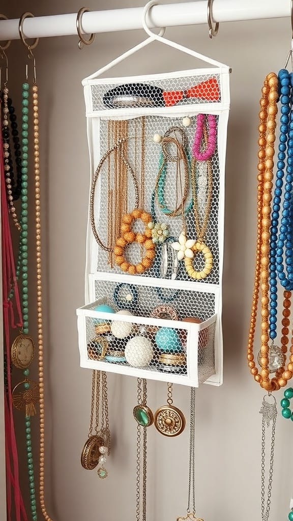 A hanging mesh organizer displaying various jewelry items including necklaces, bracelets, and hair accessories.