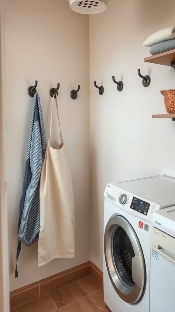 A small laundry room with hooks on the wall for hanging accessories, including a striped towel and a canvas bag.