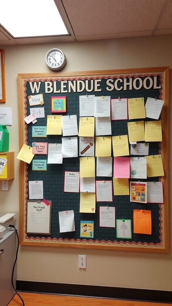 21 Creative Organization Ideas for Your School Office 9 A bulletin board filled with colorful notes and announcements at W Blendue School.