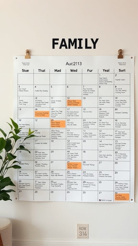 A large family calendar displayed on a wall, organized by days of the week with various activities and events.