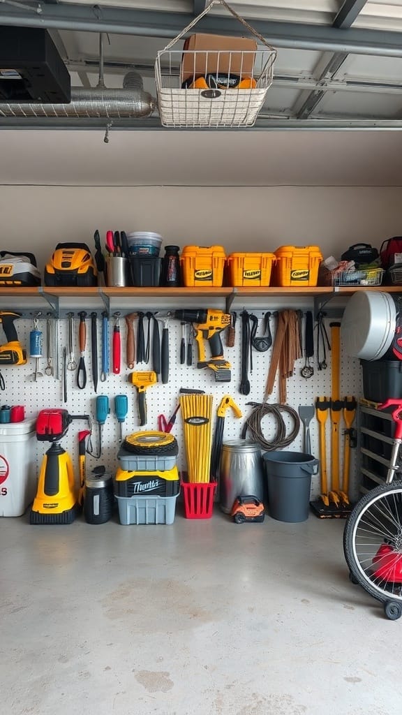 Organized garage with tools and storage containers on shelves and pegboard.