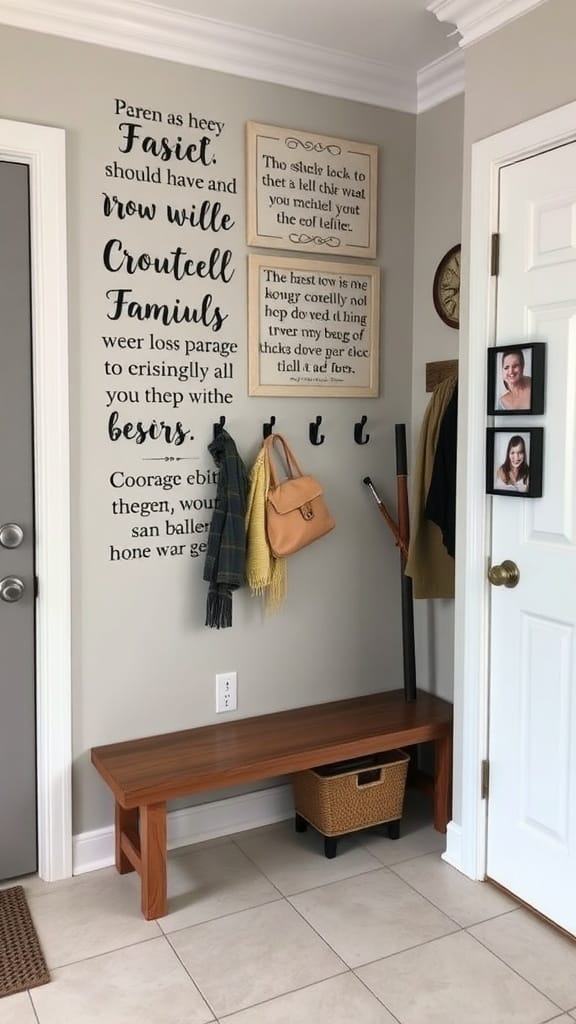 Organized mudroom with inspirational wall art, hooks for coats, and a bench.