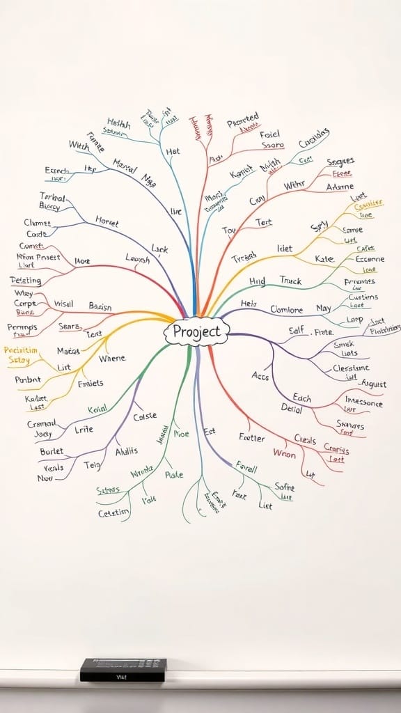 A colorful mind map on a whiteboard, centered around the word 'Project' with various branches and ideas.