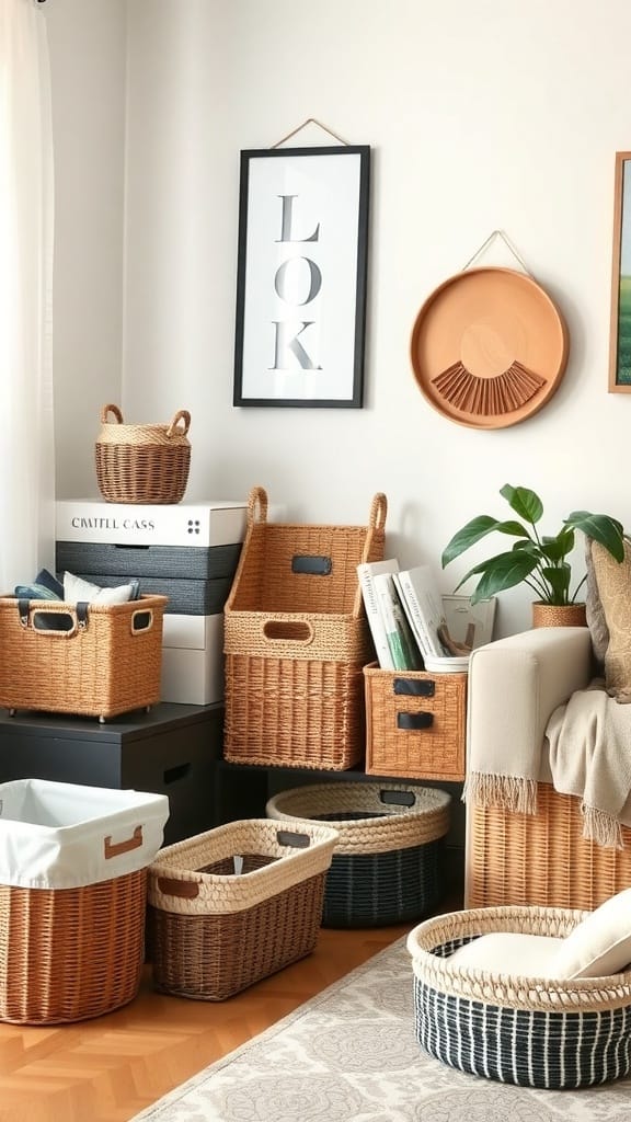 23 Clever and Affordable Organizing on a Budget Tips for a Tidy Home 3 A cozy corner featuring various baskets and boxes for organization.