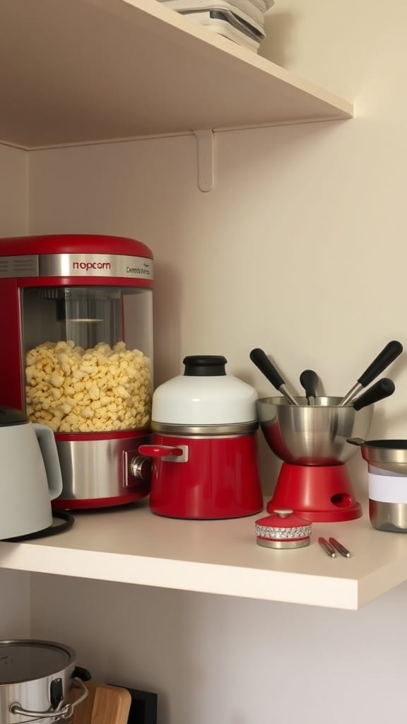 22 Things to Get Rid of for a Clutter-Free Home 5 A shelf in a kitchen displaying various unused gadgets including a popcorn maker and utensils.