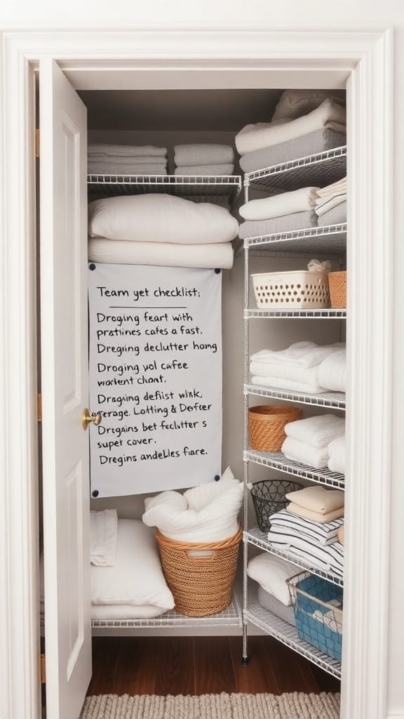 21 Brilliant Linen Closet Organizing Ideas for a Clutter-Free Home 22 A well-organized linen closet with neatly folded linens, baskets, and a checklist on the door.