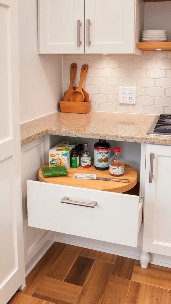 23 Brilliant Kitchen Drawer Organizing Ideas You Need to Try 18 A corner kitchen drawer with a lazy Susan holding various cooking items.