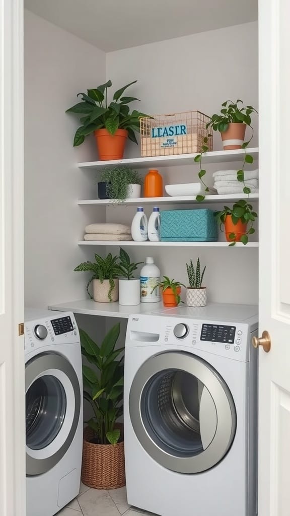 A small laundry room with white shelves filled with plants and storage baskets above two washing machines.