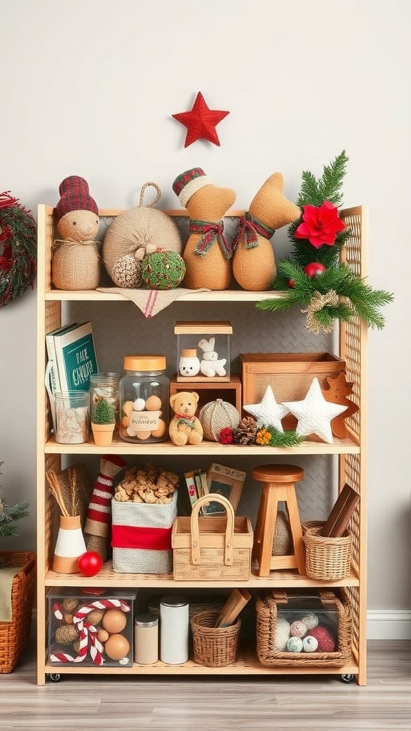 A neatly organized shelf with seasonal decorations, including festive figures, jars, and baskets.