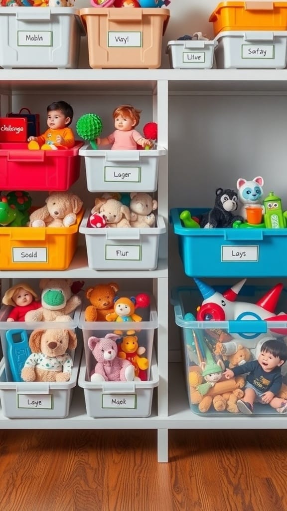 21 Creative Toy Storage Ideas for a Clutter-Free Playroom 15 Colorful labeled bins on a shelf filled with various toys.