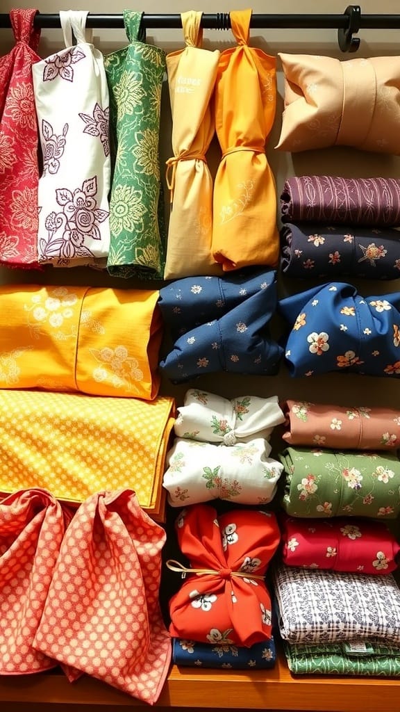 22 Creative Japanese Home Organization Ideas for a Clutter-Free Space 8 An assortment of colorful furoshiki cloths used for wrapping and organizing.