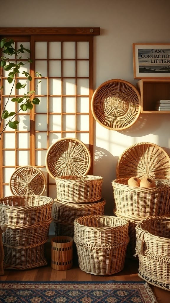 22 Creative Japanese Home Organization Ideas for a Clutter-Free Space 7 A collection of woven nesting baskets in a cozy room setting, showcasing various sizes and a warm, inviting atmosphere.