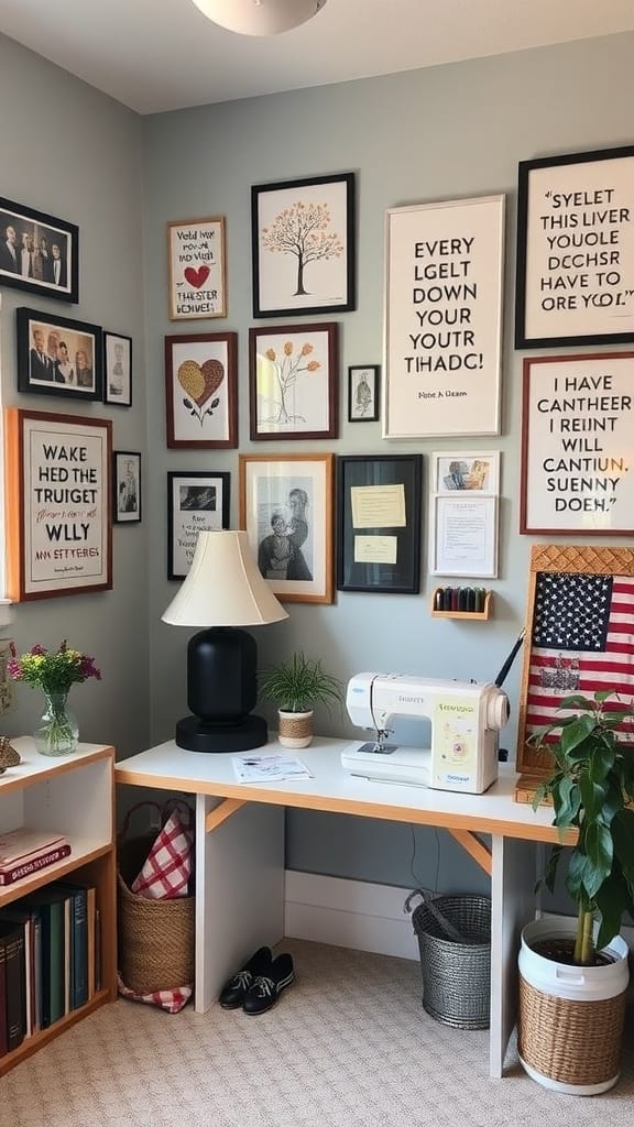 A cozy sewing room with personalized decor, including framed art and a sewing machine.