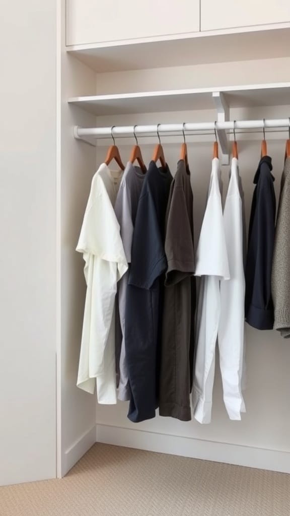 Neatly organized closet with shirts hanging on a rack in neutral colors.