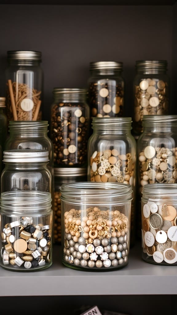 A collection of glass jars filled with various small jewelry accessories, organized on a shelf.