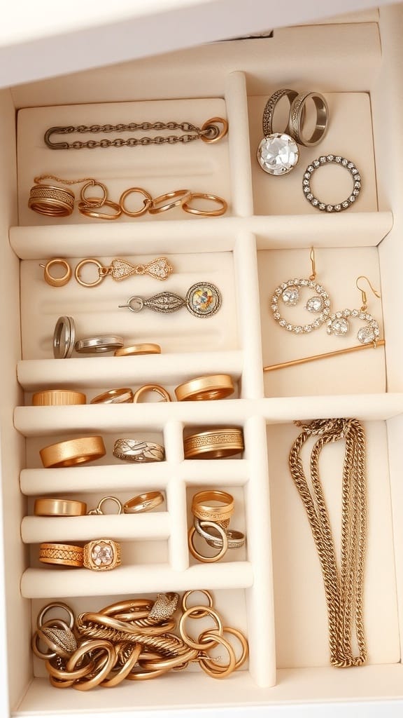 Organized jewelry drawer with dividers holding rings, earrings, and chains
