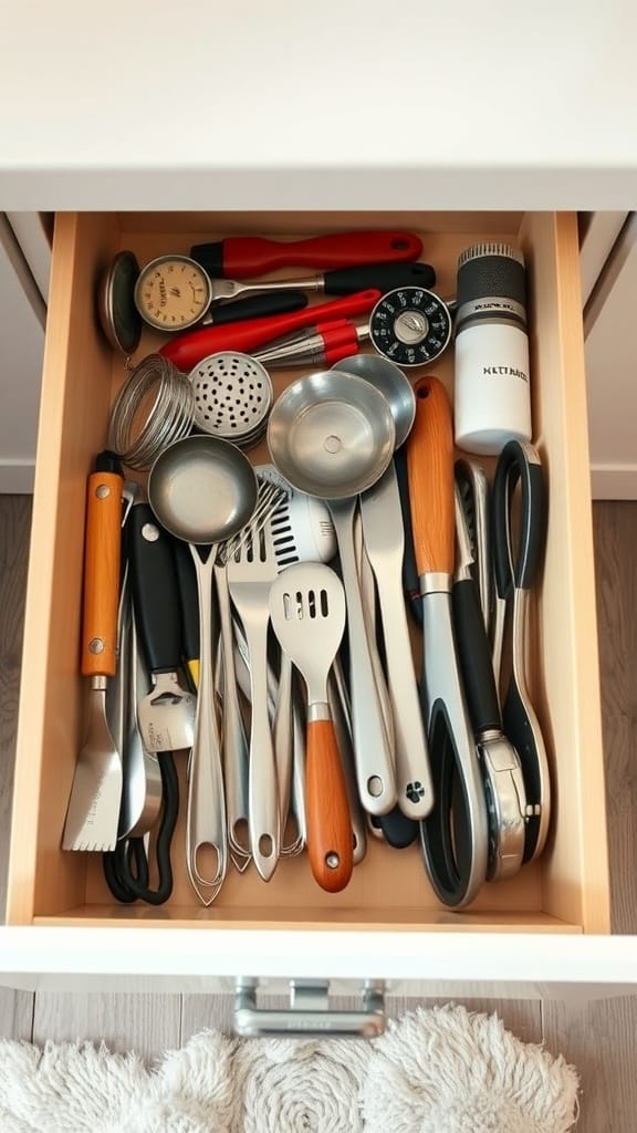 23 Brilliant Kitchen Drawer Organizing Ideas You Need to Try 22 Organized kitchen drawer with various cooking tools and gadgets