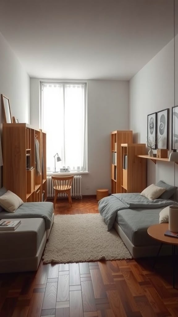 A cozy bedroom featuring foldable beds and wooden storage units, showcasing a flexible and organized space.