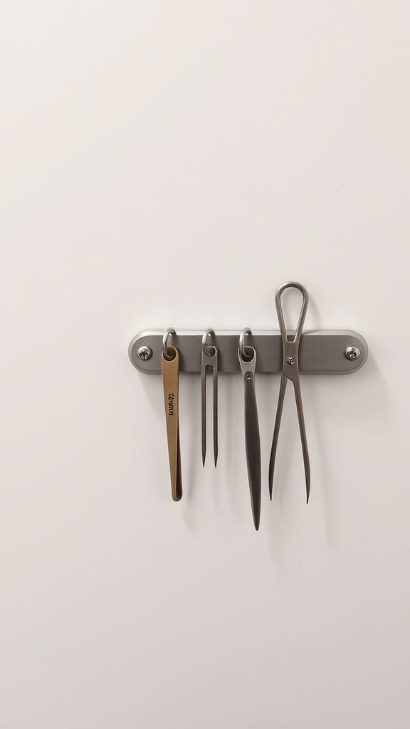A magnetic strip on a wall holding small metal items like tweezers and scissors.