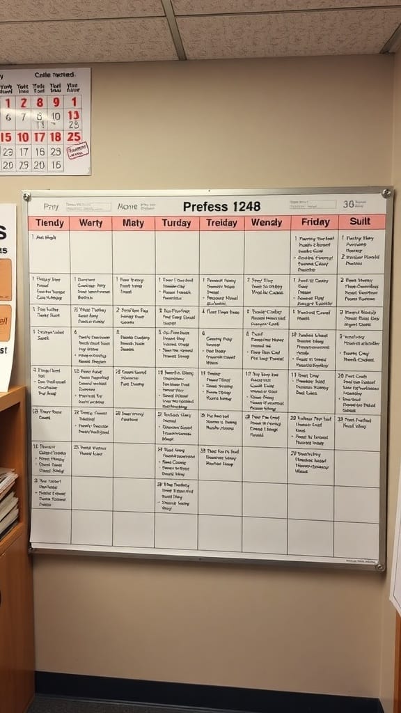 21 Creative Organization Ideas for Your School Office 17 A weekly planning calendar displayed on a whiteboard, showing organized tasks and events for each day of the week.