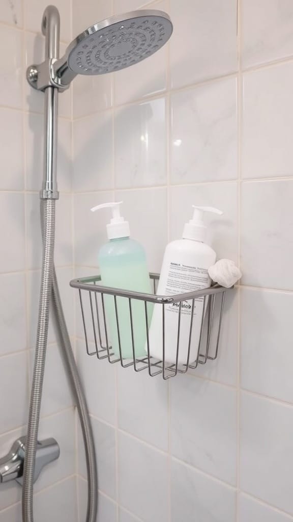 A metal shower caddy holding two bottles and a washcloth in a bathroom shower.