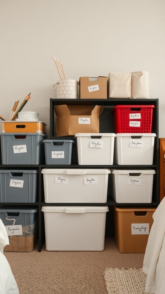 Organized storage bins with labels in a bedroom