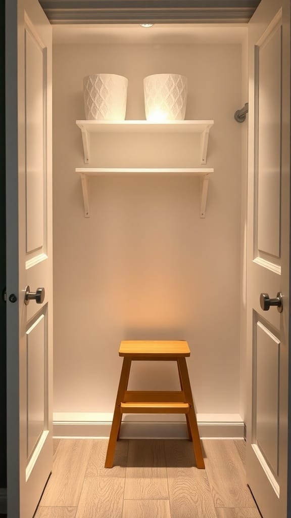 21 Brilliant Linen Closet Organizing Ideas for a Clutter-Free Home 21 A linen closet with a small wooden step stool and two decorative baskets on shelves.