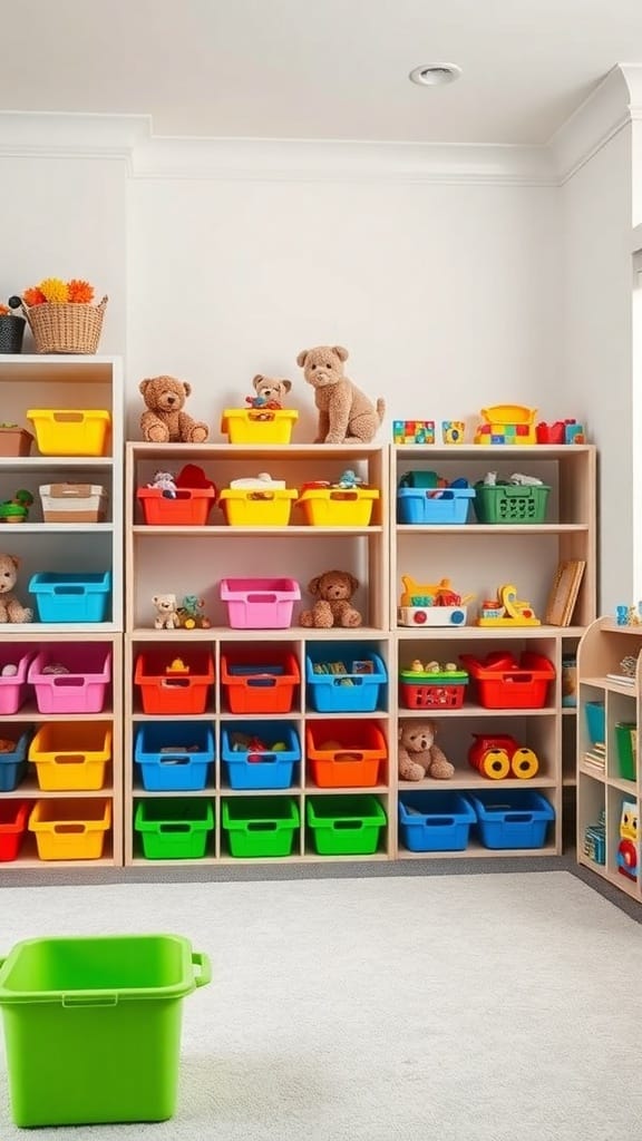 Colorful toy storage bins organized on shelves in a playroom