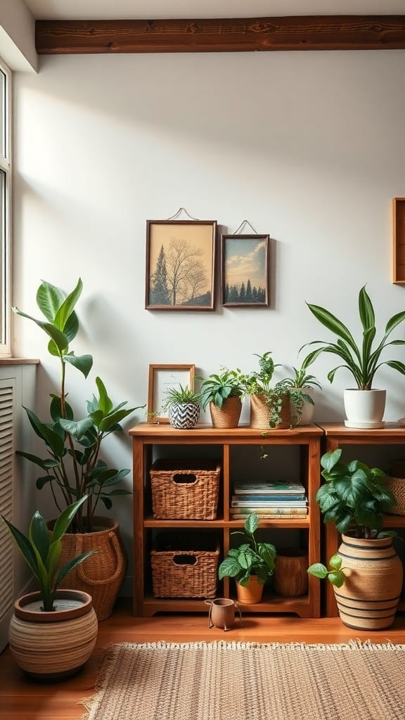 22 Creative Japanese Home Organization Ideas for a Clutter-Free Space 22 A cozy corner of a room featuring various plants, a wooden shelf with woven baskets, and framed pictures on the wall.
