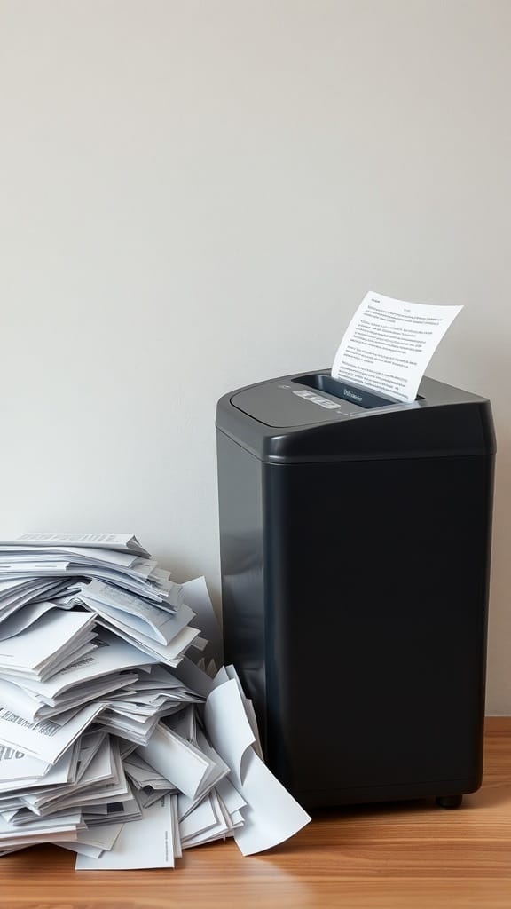 A shredder next to a pile of documents waiting to be shredded.