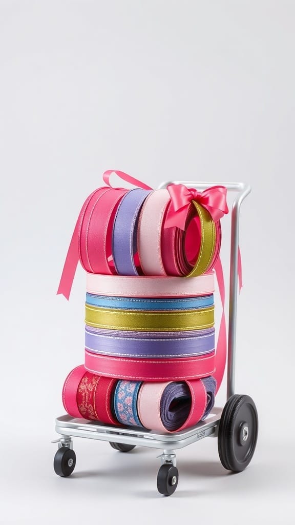 Practical Ribbon Organizing Ideas for a More Organized Craft Space (21 Tips) 12 Colorful ribbons organized on a small cart