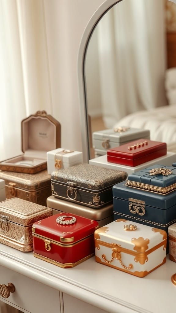 A collection of decorative jewelry boxes in various colors and designs on a vanity.