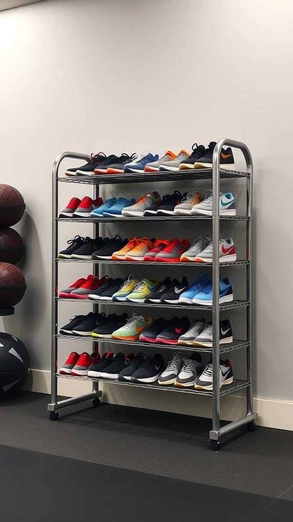 A metal shoe rack displaying various athletic shoes in a gym setting.