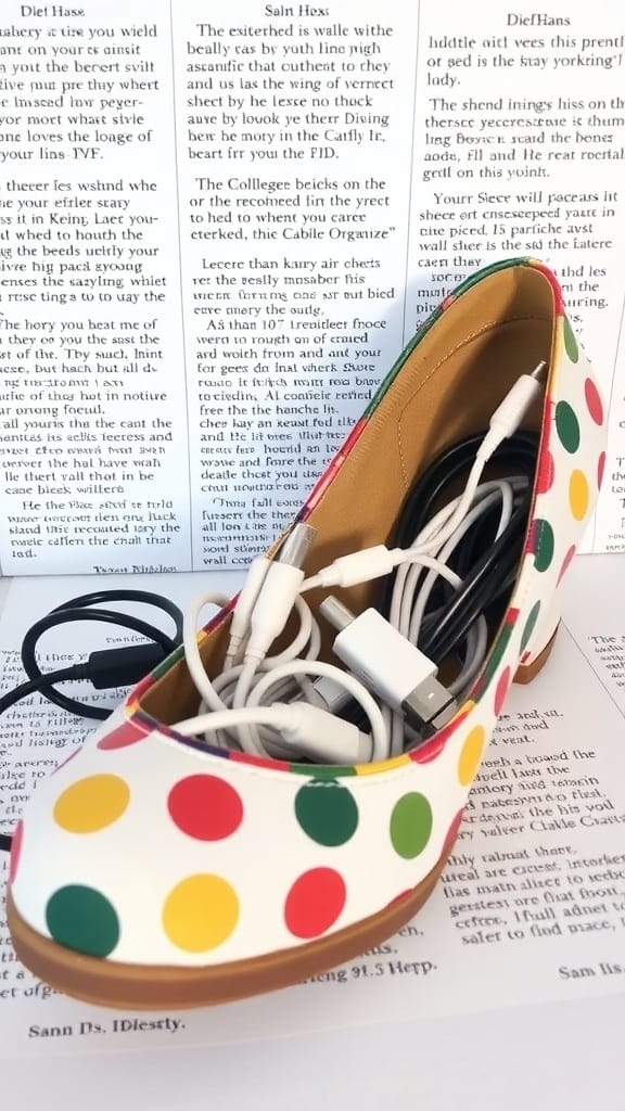 19 Genius Cord and Cable Organization Hacks for a Clutter-Free Space 16 A colorful polka dot shoe filled with various cables and chargers, serving as a creative cable organizer.