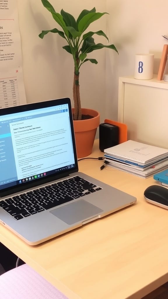 A tidy workspace featuring a laptop, a plant, and notebooks, illustrating a paperless organization setup.