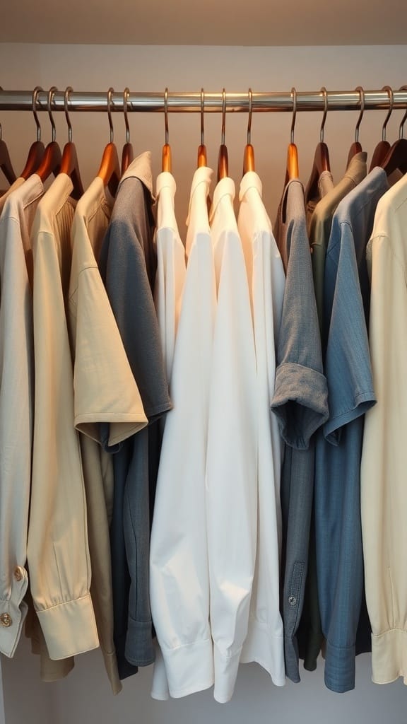 A neatly organized rack of shirts in various colors and fabrics
