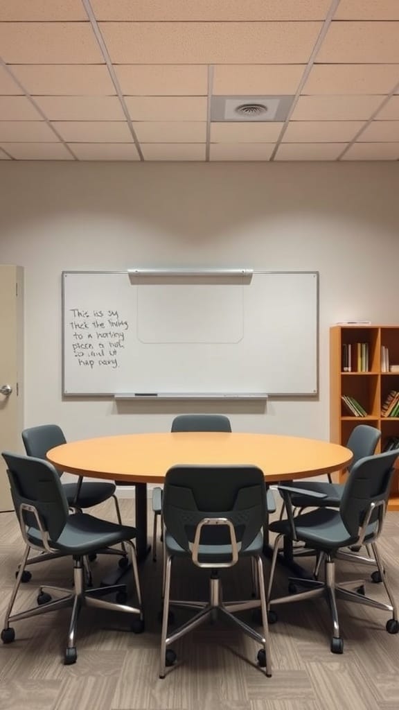21 Creative Organization Ideas for Your School Office 10 A school meeting space with a round orange table, gray chairs, and a whiteboard.