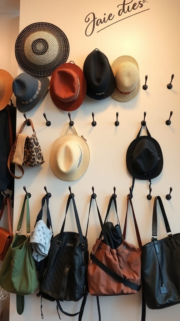 Dollar Store Organization Hacks That Actually Work: 23 Smart Storage Ideas 10 A wall display featuring various hats and bags hanging on hooks.