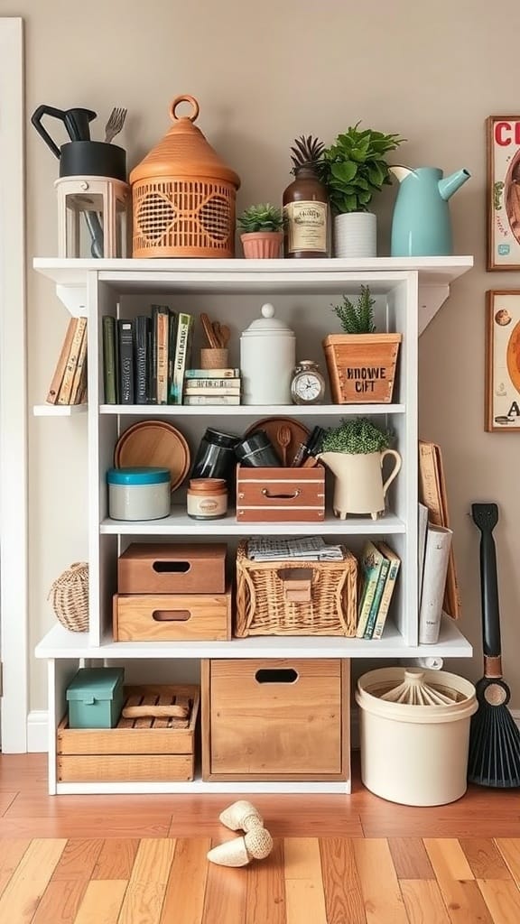 23 Clever and Affordable Organizing on a Budget Tips for a Tidy Home 4 A neatly organized shelf with books, decorative items, and various storage boxes.
