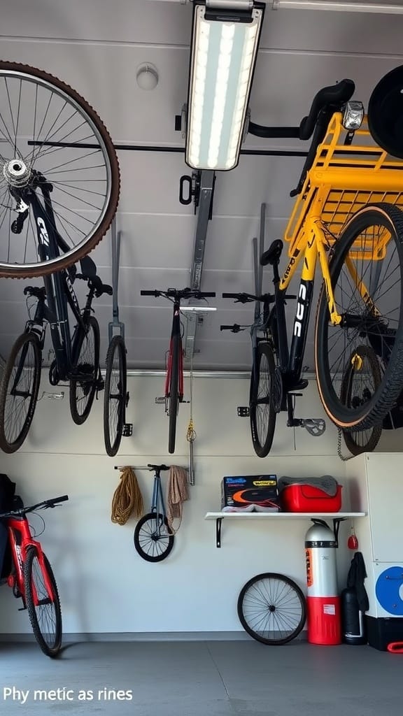 21 Clever Hidden Storage Ideas for a Clutter-Free Home 16 A garage with bikes hanging from the ceiling, showcasing clever use of ceiling space for storage.