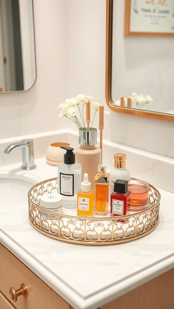 A decorative tray on a bathroom countertop holding various skincare products and a small vase with flowers.