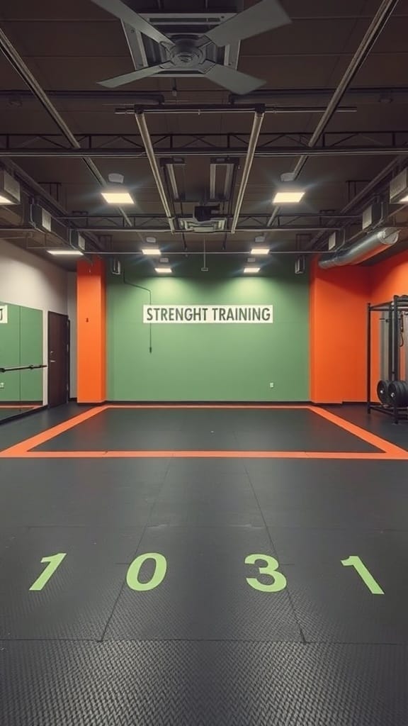 A gym room with designated areas for strength training, featuring a green wall and orange accents.