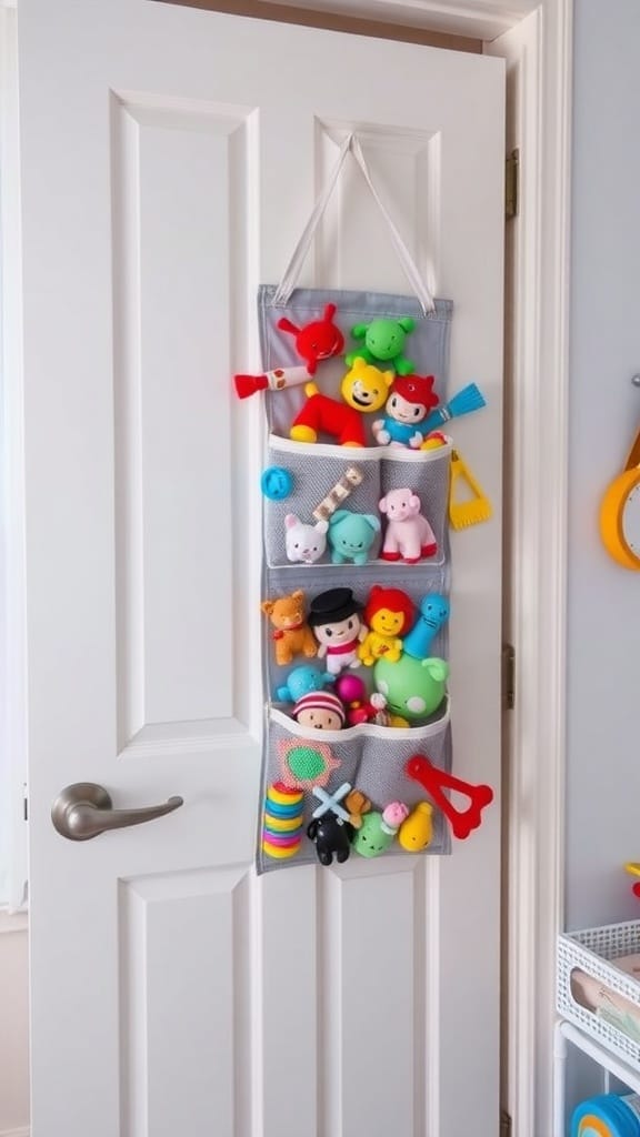 21 Creative Toy Storage Ideas for a Clutter-Free Playroom 7 A door-mounted hanging organizer filled with colorful toys, showcasing a neat and space-saving storage solution.