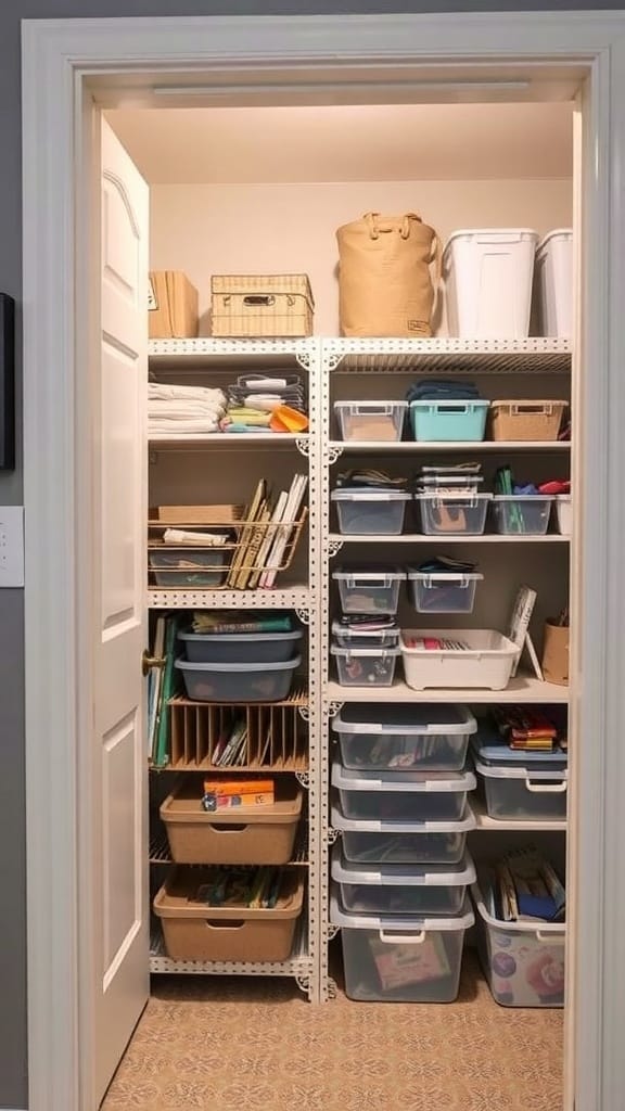 Organized closet with craft supplies in bins and baskets