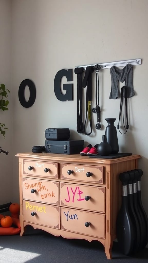 A repurposed dresser used for storage in a gym, with workout gear and labels on the drawers.