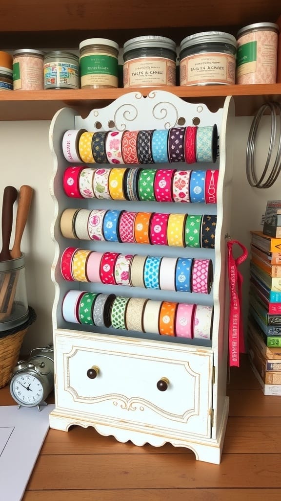 Practical Ribbon Organizing Ideas for a More Organized Craft Space (21 Tips) 15 A repurposed spice rack filled with colorful rolls of ribbon, showcasing a neat and organized craft storage solution.