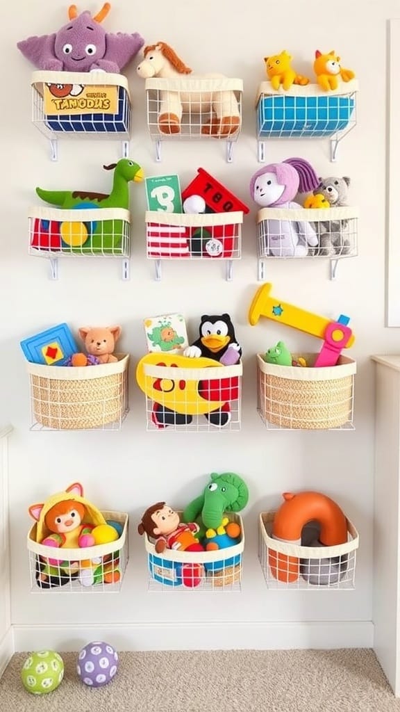 21 Creative Toy Storage Ideas for a Clutter-Free Playroom 3 Colorful wall-mounted baskets filled with toys, showcasing vertical organization for a playful space.