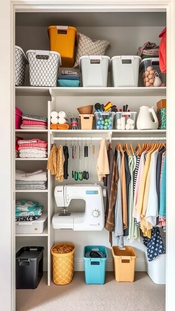 Organized sewing room closet with shelves, bins, and a sewing machine.